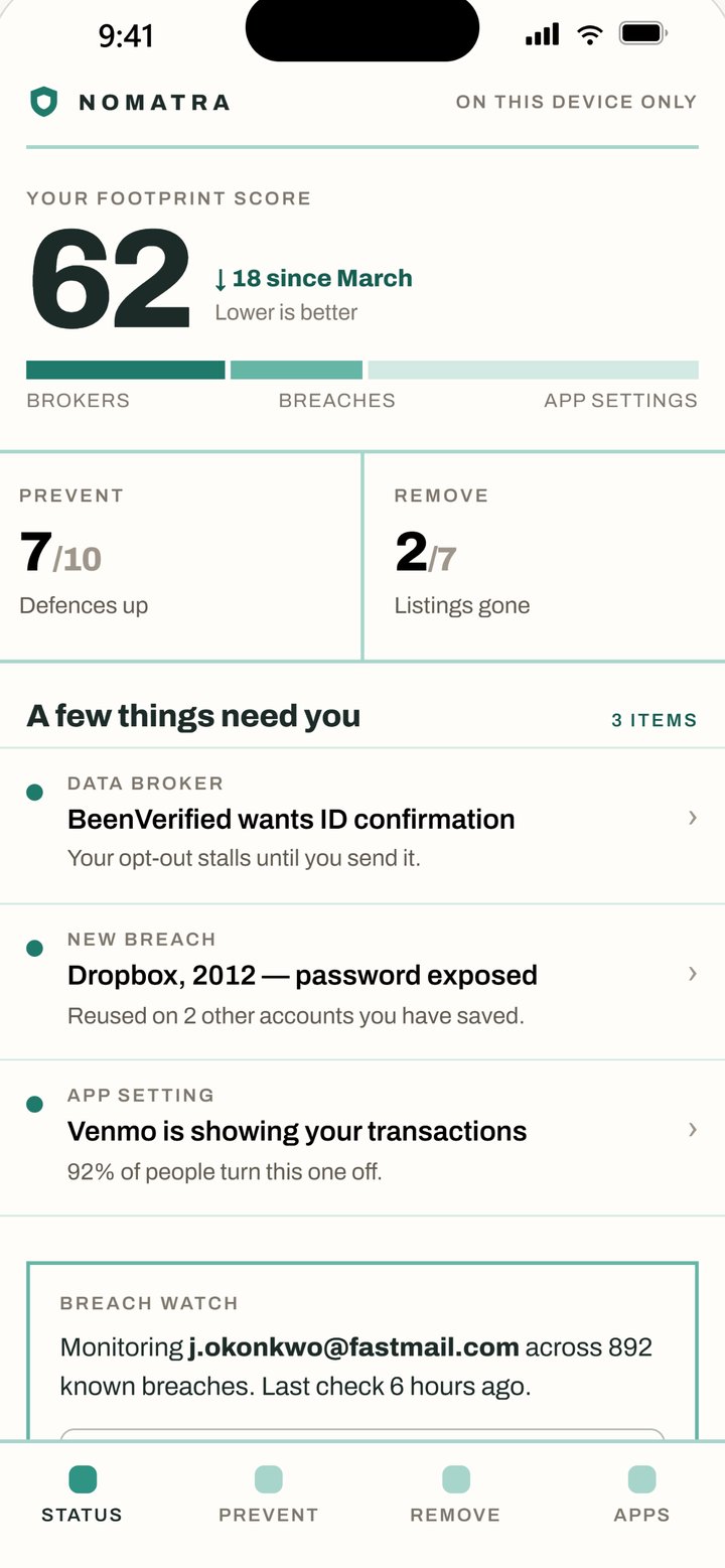 Nomatra status dashboard on a phone